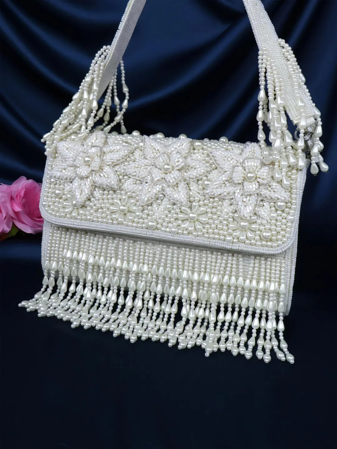 Pearl Beaded White Bridal Bag With Long Tassels | Elegant Wedding Clutch | Bridal Purse | Indian ... | Etsy (US)