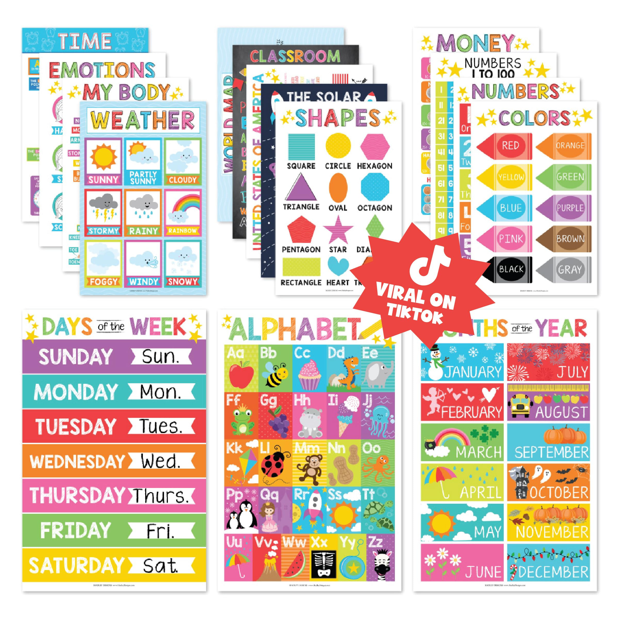 Hadley Designs 16 Educational Posters for Classroom & Kindergarten, Kindergarten Classroom Must H... | Amazon (US)