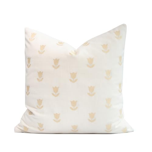 Crumbs Home Modern Farmhouse Fall Linen Indoor Outdoor Throw Pillow Cover Only, 20"x20" Water Repellent for Patio, Backyard, Couch, Neutral Ivory Cream Floral | Amazon (US)