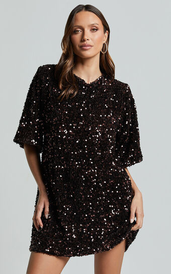 Valetta Mini Dress - Sequin low back shift dress in Chocolate | Showpo (US, UK & Europe)