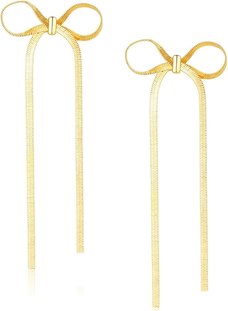 Silver Gold Bow Earrings for Women Ribbon Bow Earring Stainless Steel Dangle Tassel Earrings Jewe... | Amazon (US)