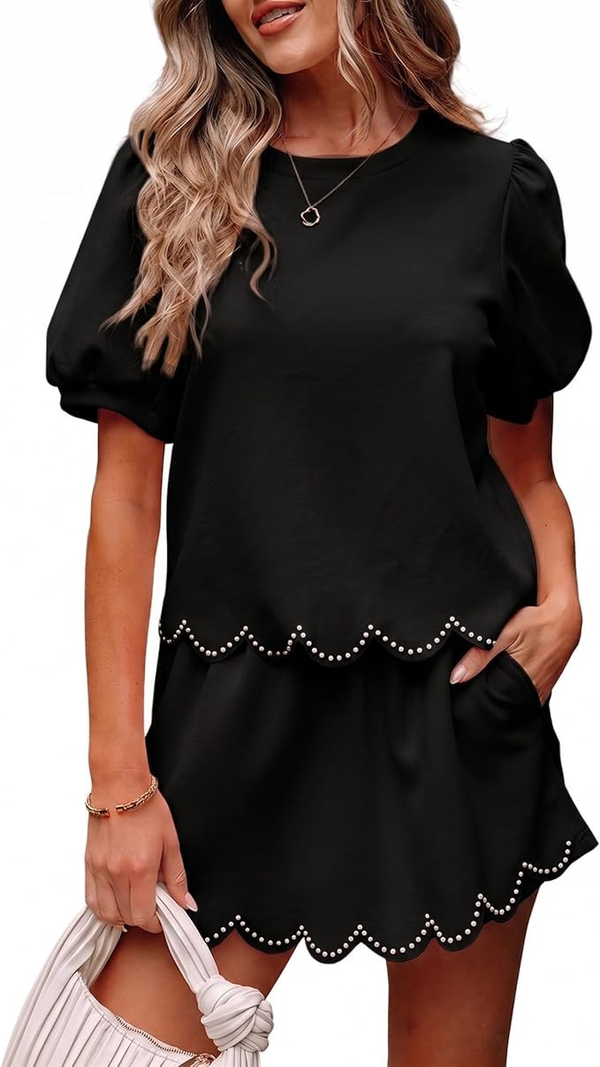MARZXIN Womens 2 Piece Skort Set Puff Sleeve Pearl Embellished Scallop Trim Shorts Set Comfy Loun... | Amazon (US)
