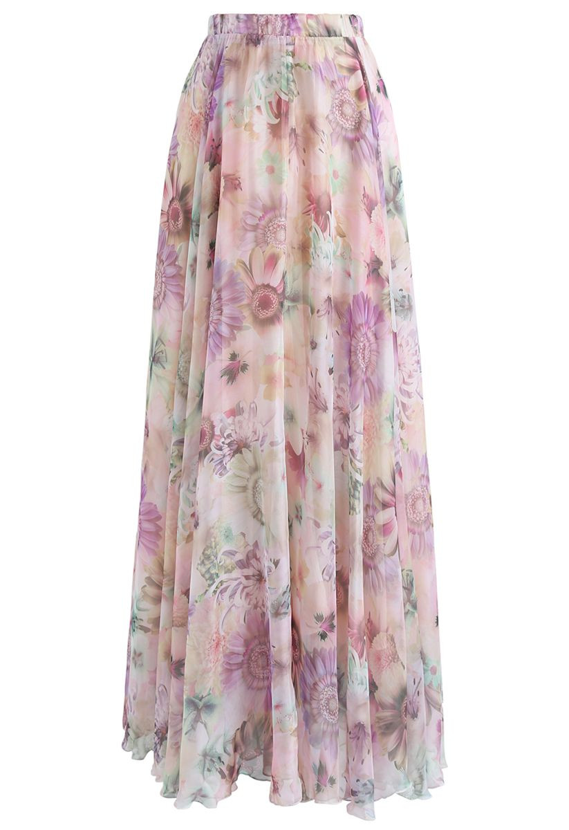 Sunflower Blossom Watercolor Chiffon Maxi Skirt in Pink | Chicwish