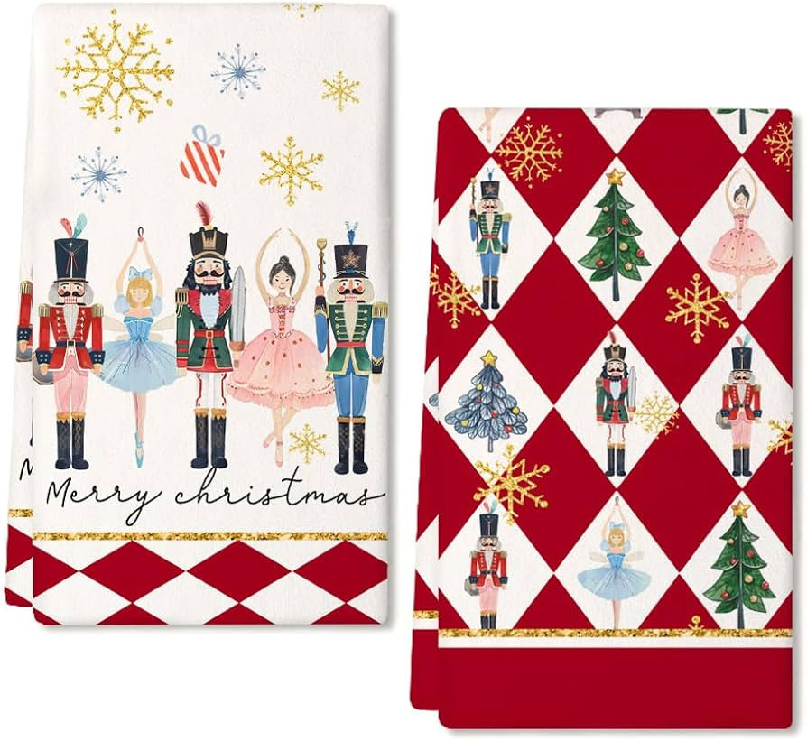 Nutcrackers Christmas Kitchen Towels Set of 2,Red Snowflake Xmas Tree Dish Hand Towels Holiday Ho... | Amazon (US)