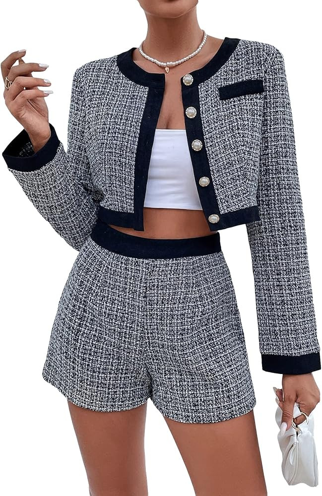 Floerns Women's 2 Piece Outfit Houndstooth Print Long Sleeve Jacket with Shorts Set | Amazon (US)