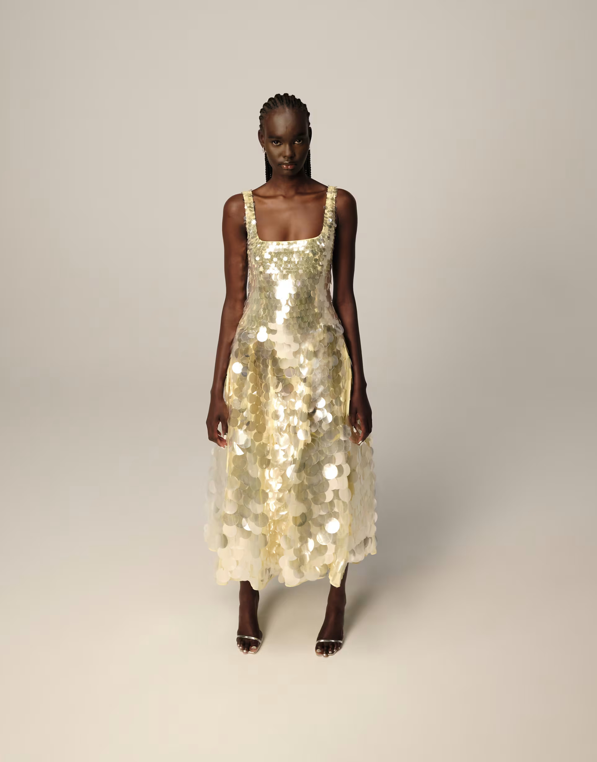 ARRANGE embellished disc sequin square neck full skirt midi dress in lemon | ASOS | ASOS (Global)