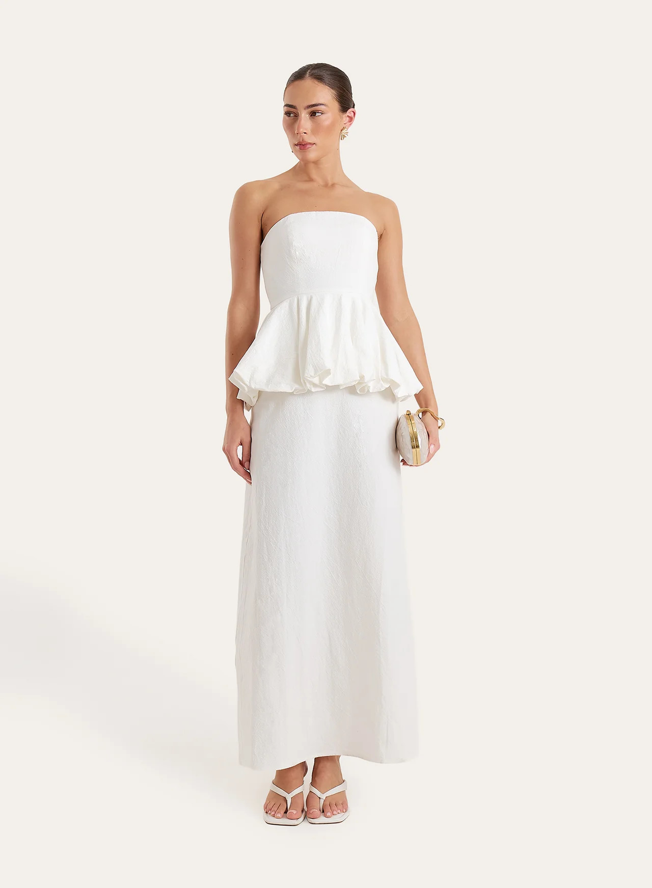 Women's White Puff Ball Peplum Waist Maxi Dress | Nikita | 4th & Reckless | 4th & Reckless