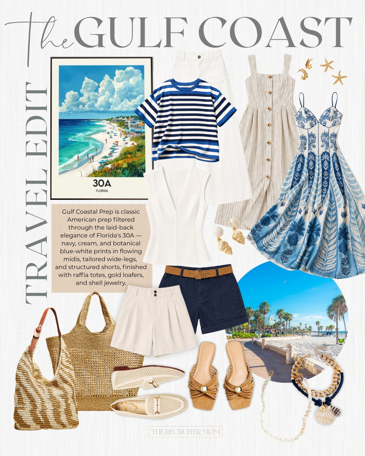 Gulf Coastal Prep is classic American prep filtered through the laid-back elegance of Florida's 30A — navy, cream, and botanical blue-white prints in flowing midis, tailored wide-legs, 
and structured shorts, finished with raffia totes, gold loafers, and shell jewelry.

#LTKSeasonal #LTKOver40 #LTKTravel