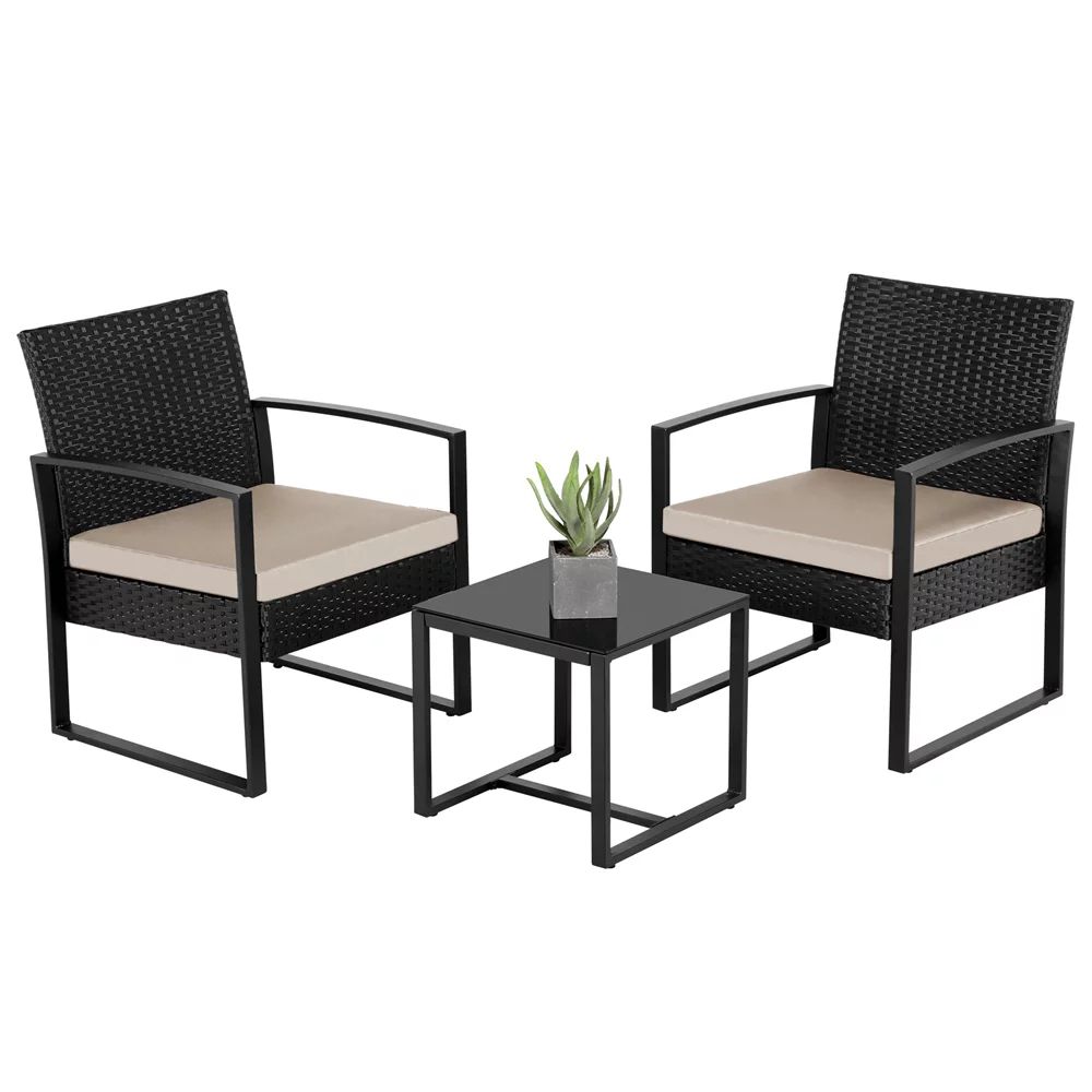 SmileMart 3-Piece Bistro Set with Rattan Chairs for Outdoor Patio and Balcony, Beige Cushions | Walmart (US)