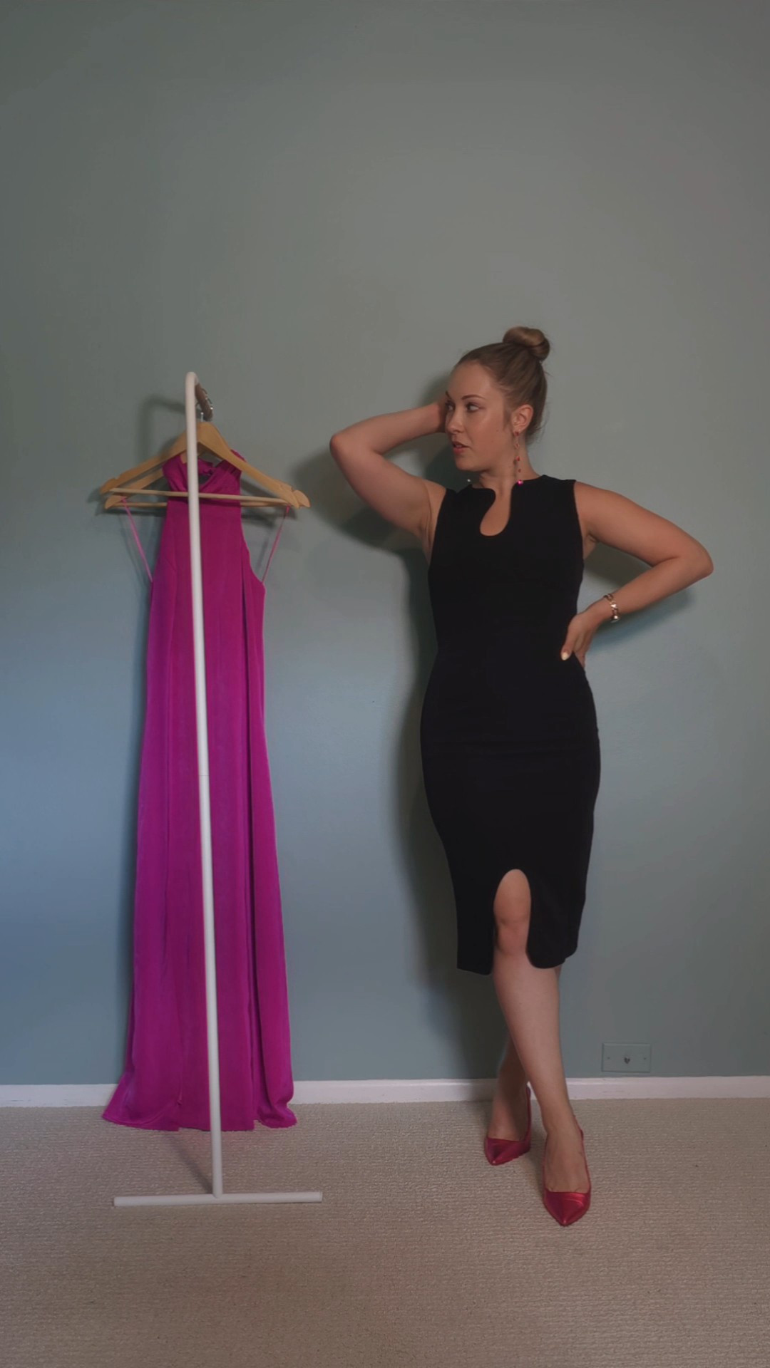 two wedding guest dresses from adelyn rae! wearing a size small in the black & sized up to medium in the fuschia.

#LTKWedding #LTKParties #LTKVideo