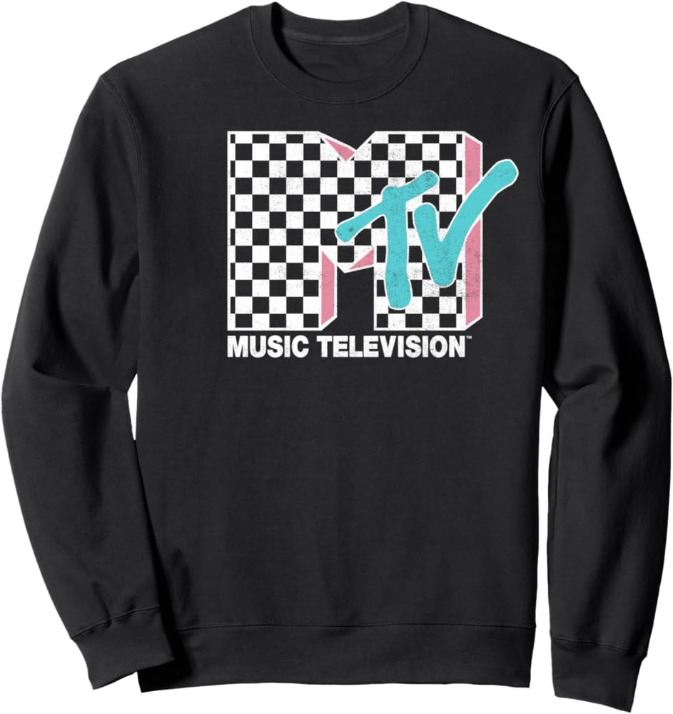 MTV Neon Distressed Checkered Logo Sweatshirt Sweatshirt | Amazon (US)