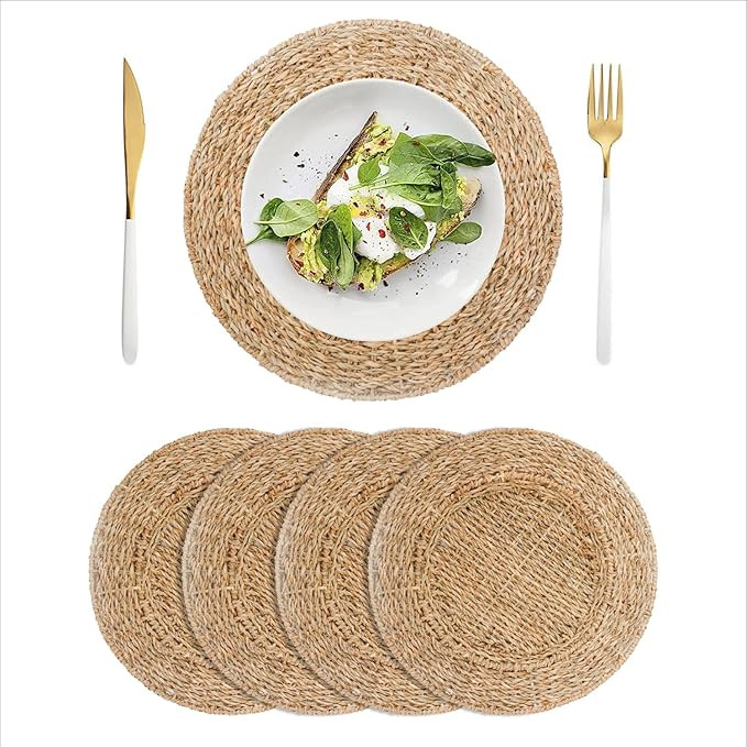 4 Packs, Natural Woven Round Seagrass Placemats, Boho Placemats Set, Large Woven Placemats, Wicke... | Amazon (US)