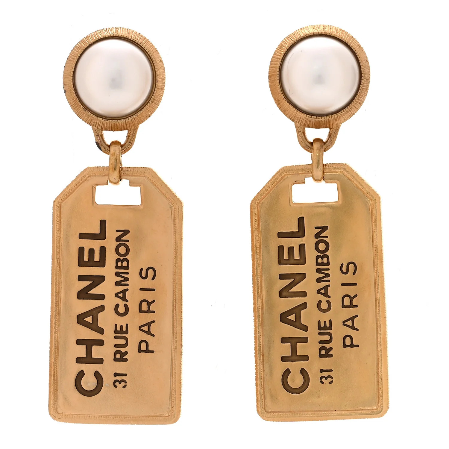 Chanel Pearl CC Tags Drop Earrings Gold 1938997 | FASHIONPHILE (US)