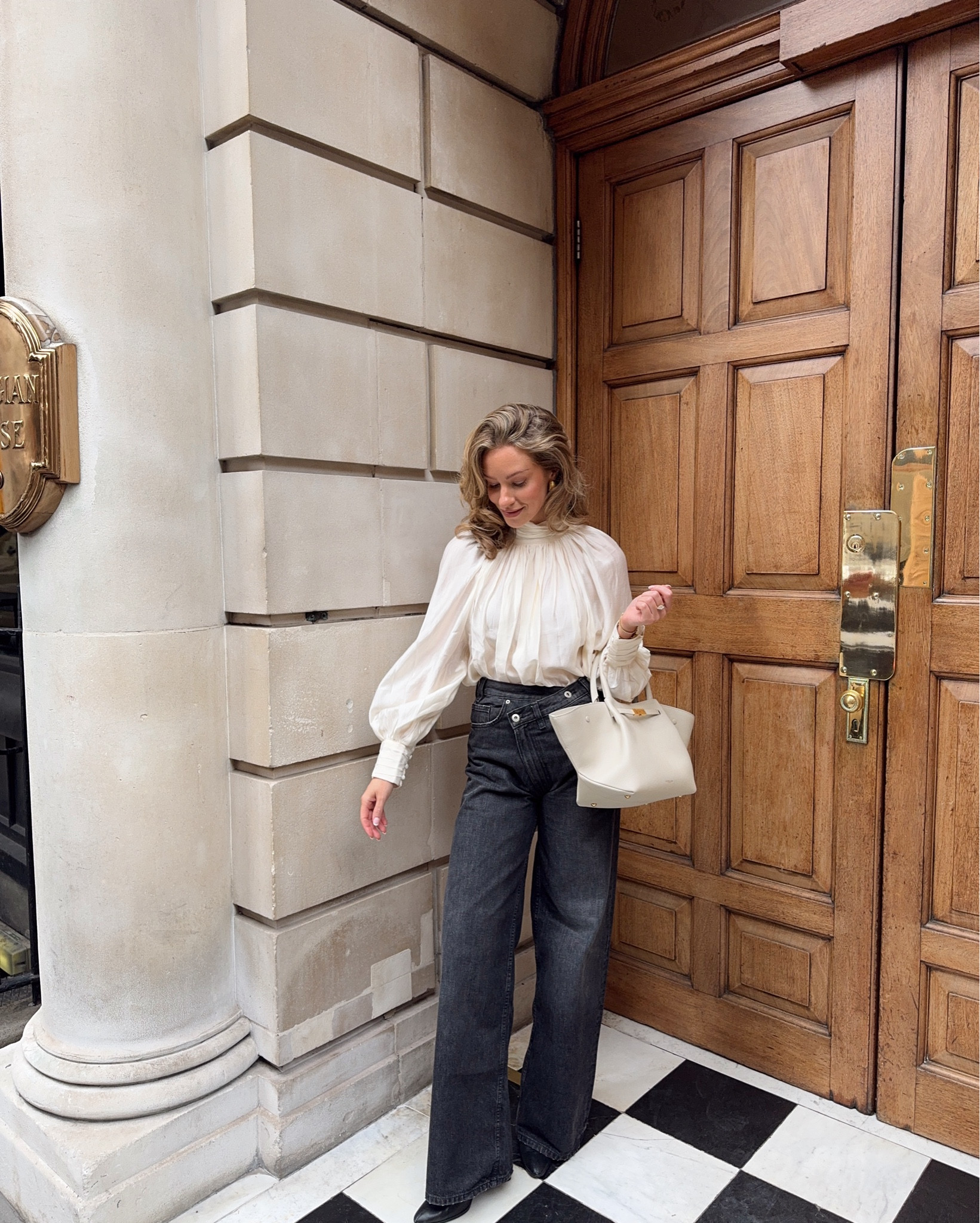Autumn outfits uk, wide leg jeans, high waisted jeans, draped blouse, cream bag, heel ankle boots 

#LTKuk #LTKstyletip #LTKautumn