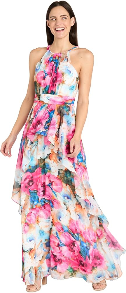 Flowing Watercolor Floral Halter Maxi Dress W/Tiered Ruffle Hem | Amazon (US)