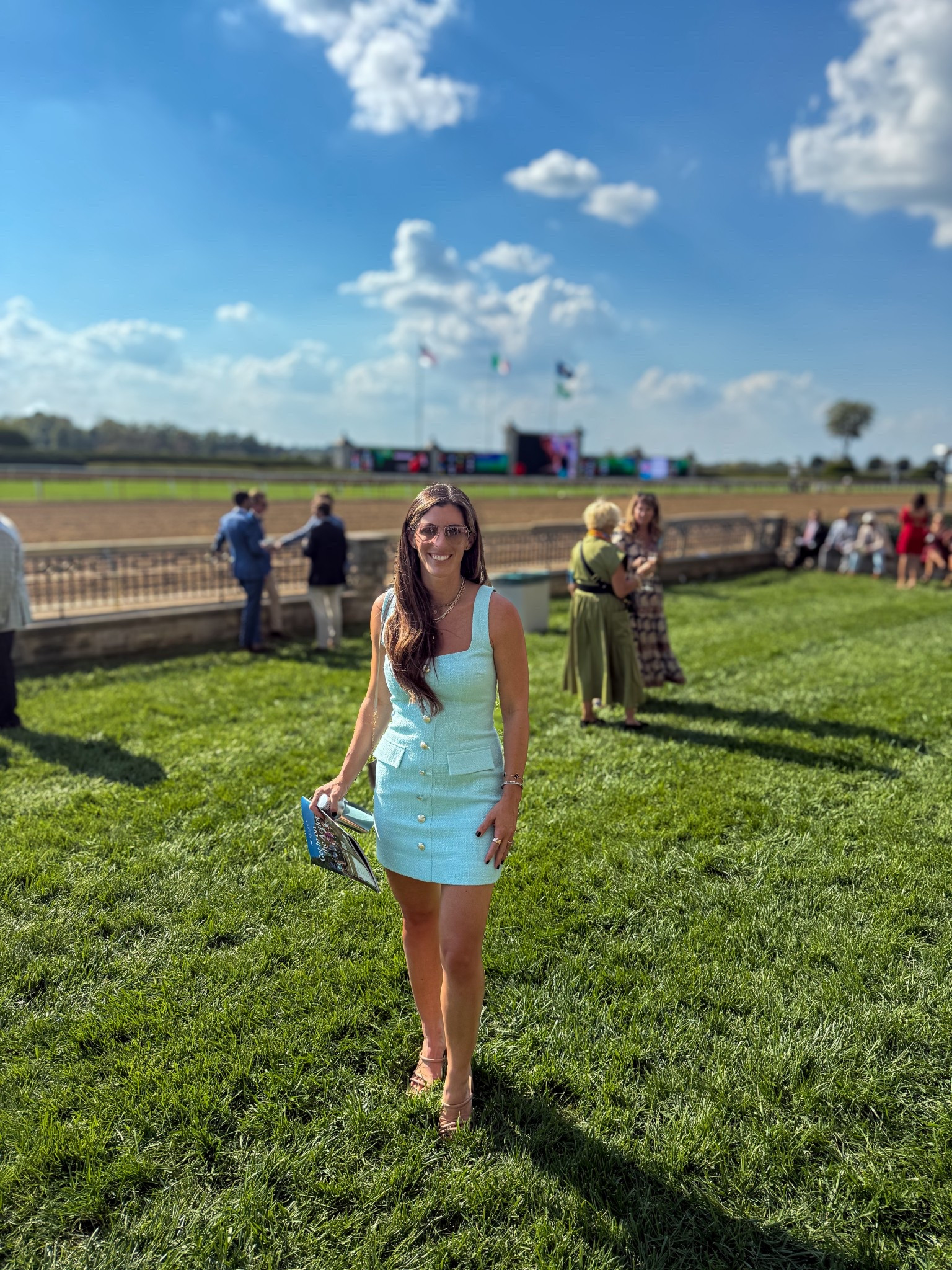 Loving this unseasonably warm fall weather — the perfect day for the Keeneland Fall Meet. So thankful for a day spent with amazing friends who gave us the full tour of this incredible racetrack. What a priceless experience surrounded by beautiful horses, history, and sunshine. #Keeneland #FallMeet #HorseRacing #KentuckyLife #BluegrassState #EquestrianStyle #WeekendVibes #DayAtTheRaces

Today’s look: a chic light aqua tweed mini dress with a square neckline and gold button details, paired with nude heels and classic accessories. Effortless, feminine, and perfect for a day at the track. #RaceDayFashion #ClassicStyle #OOTD #FallOutfit #LTKStyle #LTKFallFashion #SouthernStyle #ElegantLook #TimelessStyle

#LTKTravel #LTKSeasonal #LTKOver40
