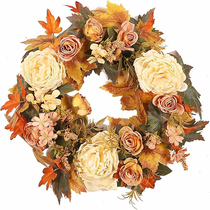 Fall Wreaths for Front Door Decorations Outside,Autumn Harvest Artificial Flowers Porch Wreath De... | Amazon (US)