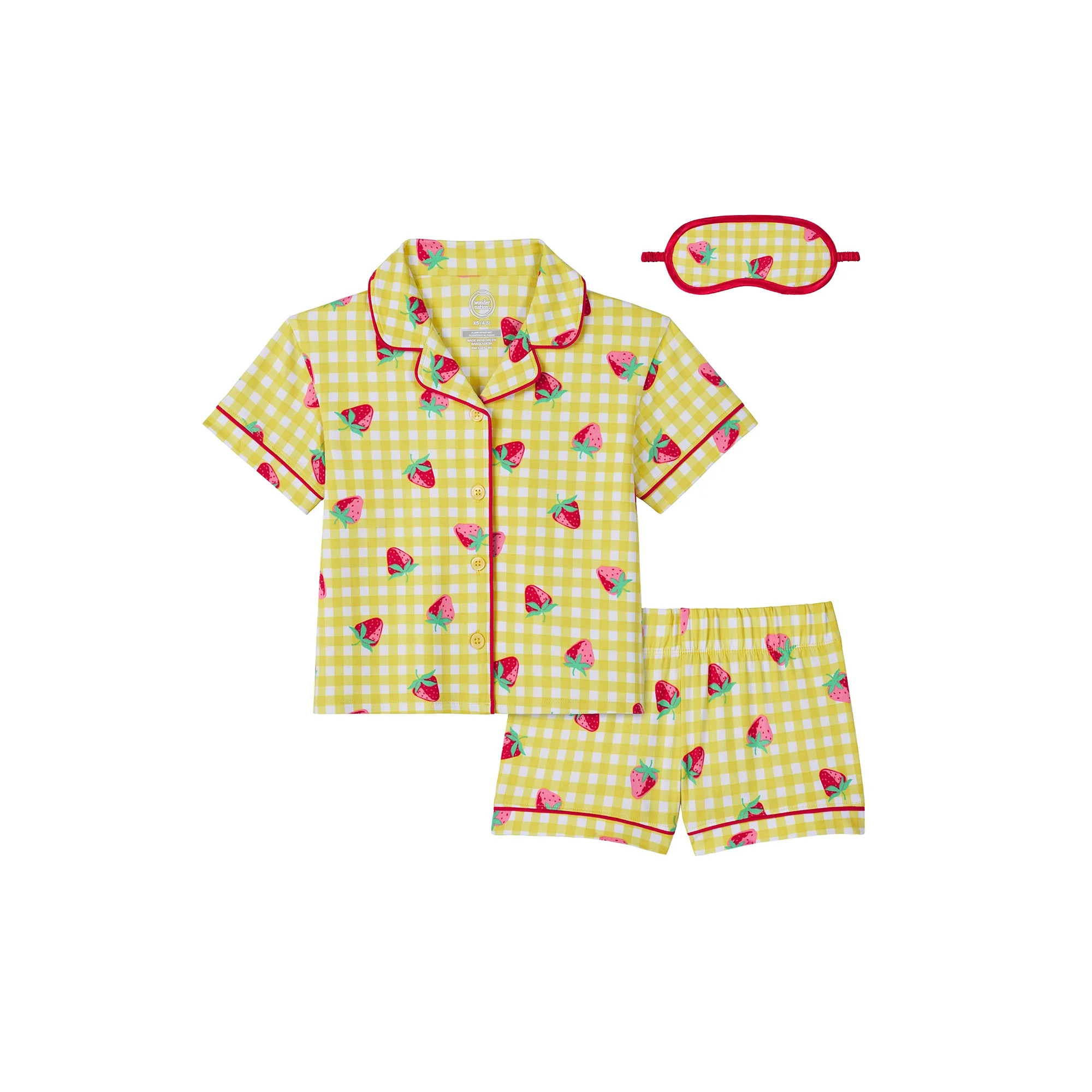 Wonder Nation Girls Short Sleeve Button Front Pajama Top and Shorts Set with Eyemask, 3-Piece, Si... | Walmart (US)