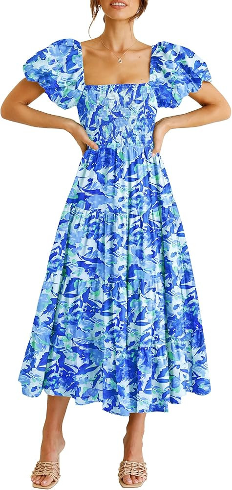 Pretty Garden Womens Summer Puffy Short Sleeve Square Neck Smocked Tiered Ruffle Midi Dress | Amazon (US)