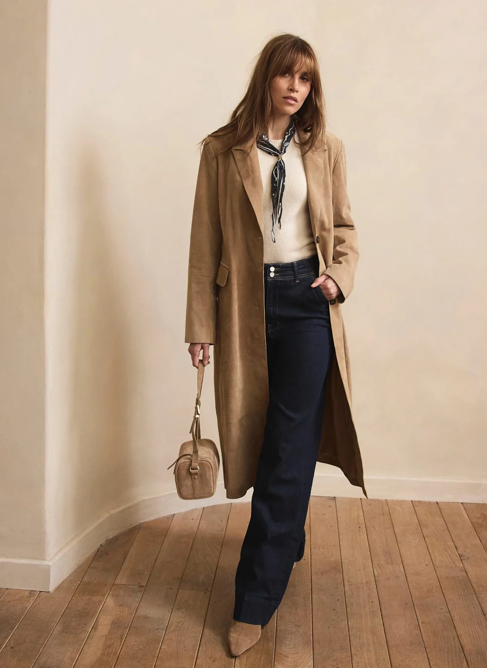 Neutral Suede Longline Trench Coat | Mint Velvet