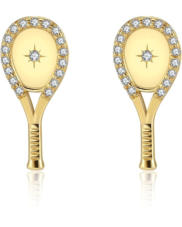 Lovematch Tennis Racquet Earrings for Women | 18 K Gold Plated Trendy Cubic Zirconia Earrings | R... | Amazon (US)