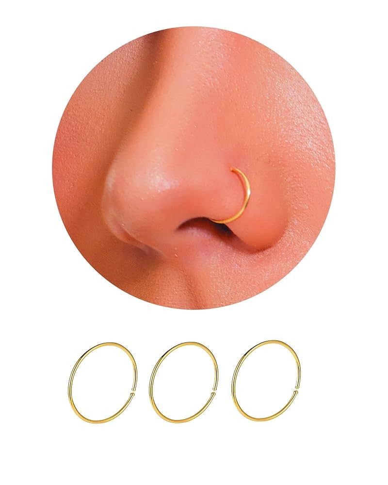 ESLALA 14K Gold Nose Ring Hoop for Women, Thin Nose Piercing jewelry (Gold,3pcs- 8mm 22 gauge) | Amazon (US)