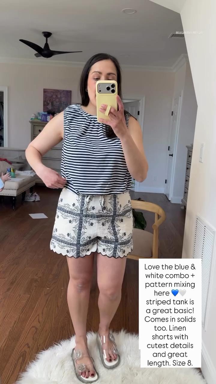 Love the blue & white combo + pattern mixing here 💙🤍 striped tank is a great basic! Comes in solids too. Linen shorts with cutest details and great length. Size 8. @targetstyle @target