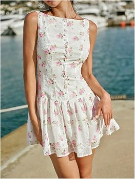 OYOANGLE Women's Gingham Sleeveless Ruffle Short Mini Dress Open Back Button Front Y2K Plaid Dres... | Amazon (US)