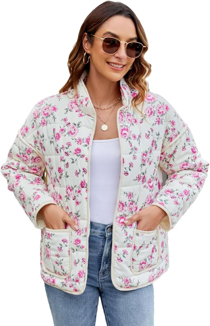 Women's Cropped Floral Quilted Jacket Lightweight Open Front Padded Puffer Coat | Amazon (US)