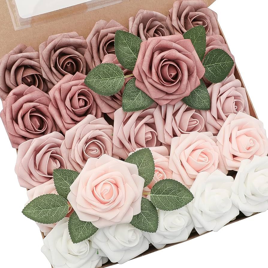 Floroom Artificial Flowers 25pcs Real Looking Dusty Rose Ombre Colors Foam Fake Roses with Stems ... | Amazon (US)
