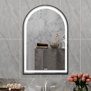 26 in. W x 38 in. H Arched Framed LED Dimmable Anti-Fog Bathroom Vanity Mirror in Gold HD-TJS04 -... | The Home Depot