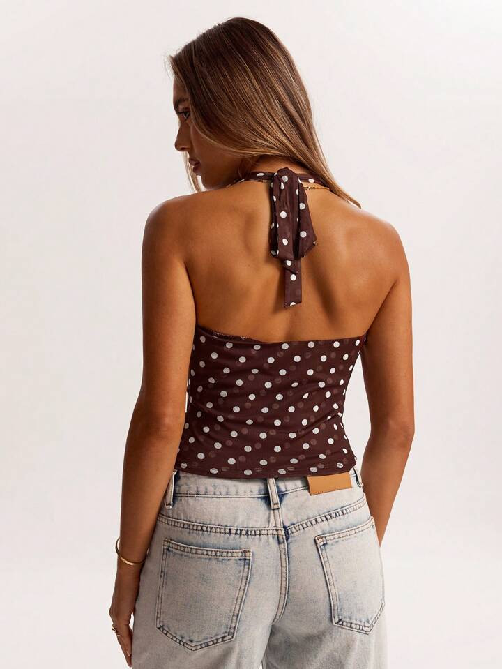 SHEIN BAE Minimalist Brown Mesh Neck Drape Open Back Polka Dot Halter Top, Suitable For Street, C... | SHEIN