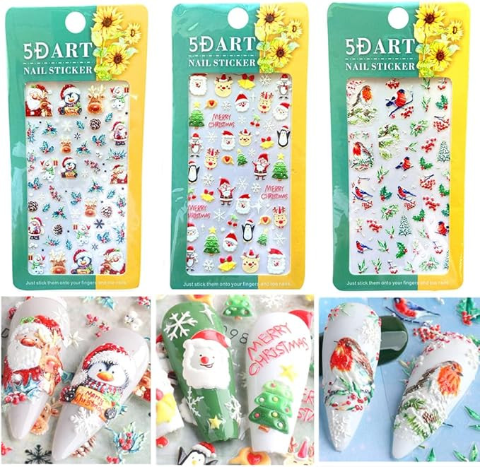 Amazon.com: 5D Nail Stickers Christmas Stereoscopic Embossed Nail Art Stickers Decals with Adhesi... | Amazon (US)