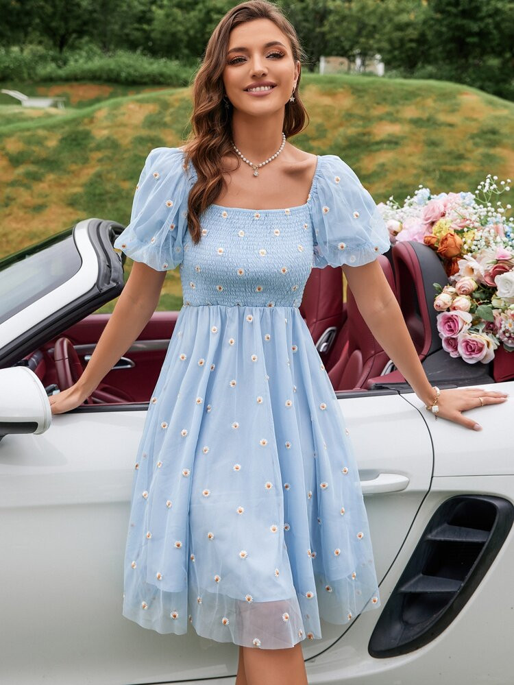 SHEIN VCAY Floral Embroidery Mesh Shirred Puff Sleeve Dress | SHEIN