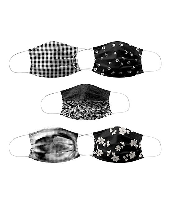 Lily Women's Fabric Face Masks PRT - Black & White Floral Plaid Assorted 5-Piece Non-Medical Face Ma | Zulily