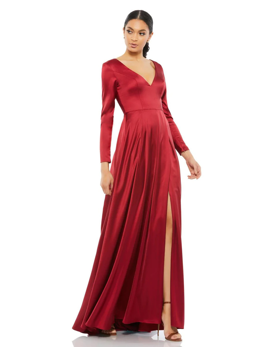 Satin V Neck Long Sleeve Pleated Gown | Lord & Taylor