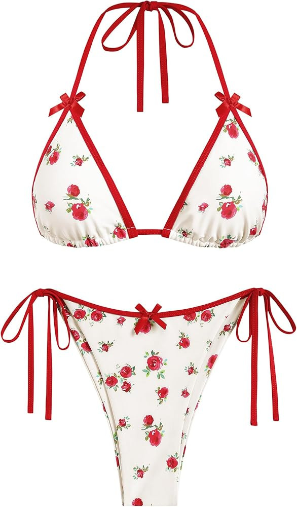 ZAFUL Women's Sexy Halter Bikini Sets Bow Decor Tiny Floral Print Bikini Swimsuits Tie Side Trian... | Amazon (US)