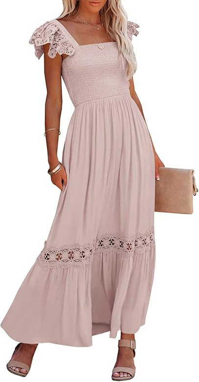 Ferlema Womens Summer Boho Lace Strap Sleeveless Square Neck Ruffle A Line Flowy Beach Long Maxi Dre | Amazon (US)