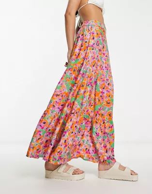 Monki tiered maxi skirt in pink floral print | ASOS (Global)