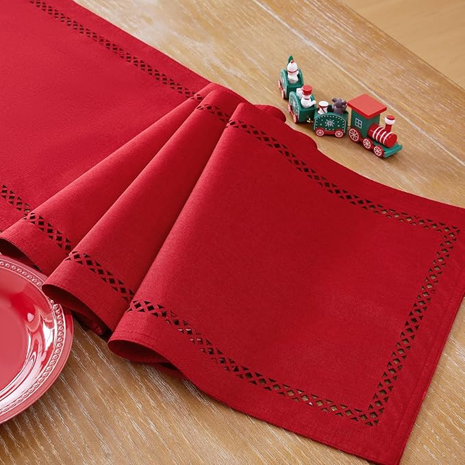 Burlap Style Farmhouse 13 x 90 Inch Red Table Runner, Rustic Geometric Hollow Christmas Table Run... | Amazon (US)
