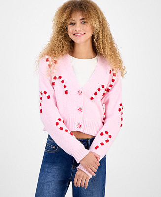 Planet Heart Juniors' 3D Candy Cane Cropped Cardigan - Macy's | Macy's