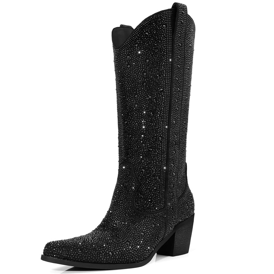 Rhinestone Cowboy Boots for Women Wide Calf Sparkly Cowgirl Boots Mid Calf Pointed Toe Block Heel... | Amazon (US)