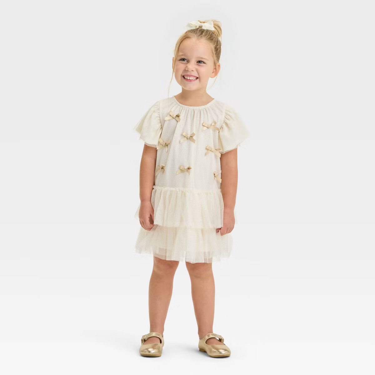 Toddler Girls' Audrey Camille Gold Bows Tulle Dress - Beige | Target