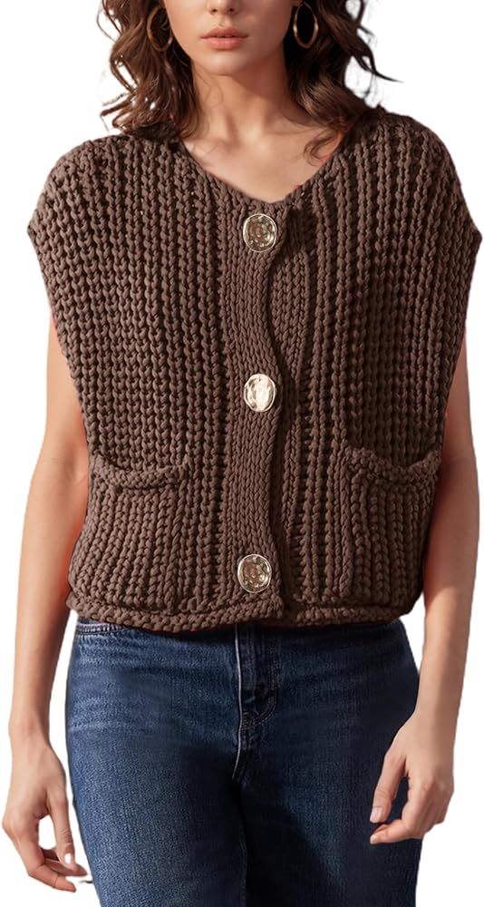 Womens Casual Chunky Knit Vest Gold Button Down Crop Crochet Sleeveless Sweater Vest | Amazon (US)