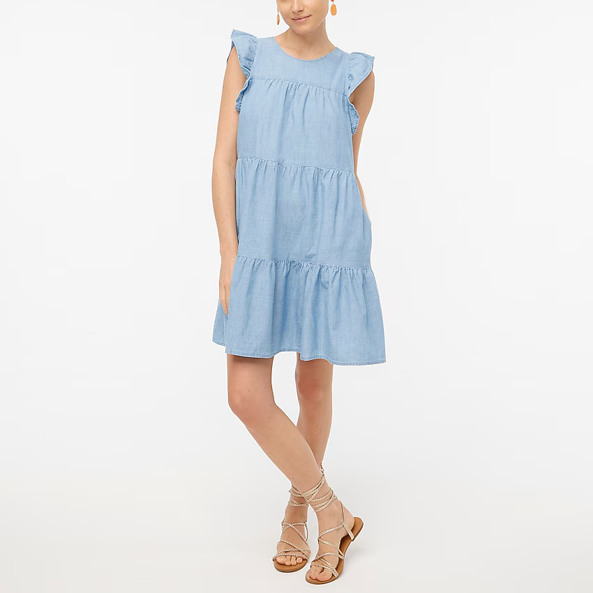 Chambray ruffle-sleeve tiered mini dress | J.Crew Factory