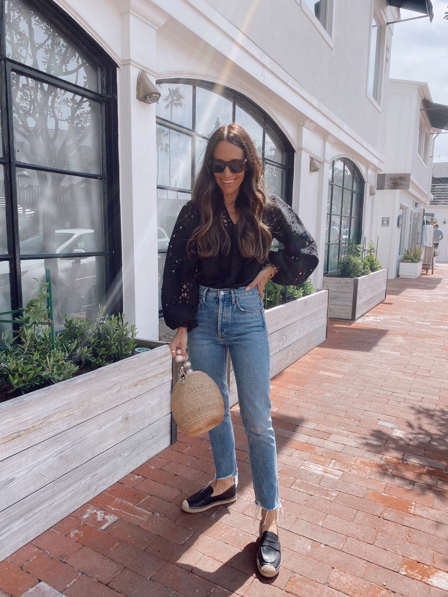 Today’s spring outfit 
Eyelet top- love this for spring and summer- runs tts- also comes in white- 20% off this weekend 
Straight leg jeans- tts- will be tight at first but they stretch 
Espadrille shoes-tts 
Straw bag 

#LTKstyletip #LTKsalealert