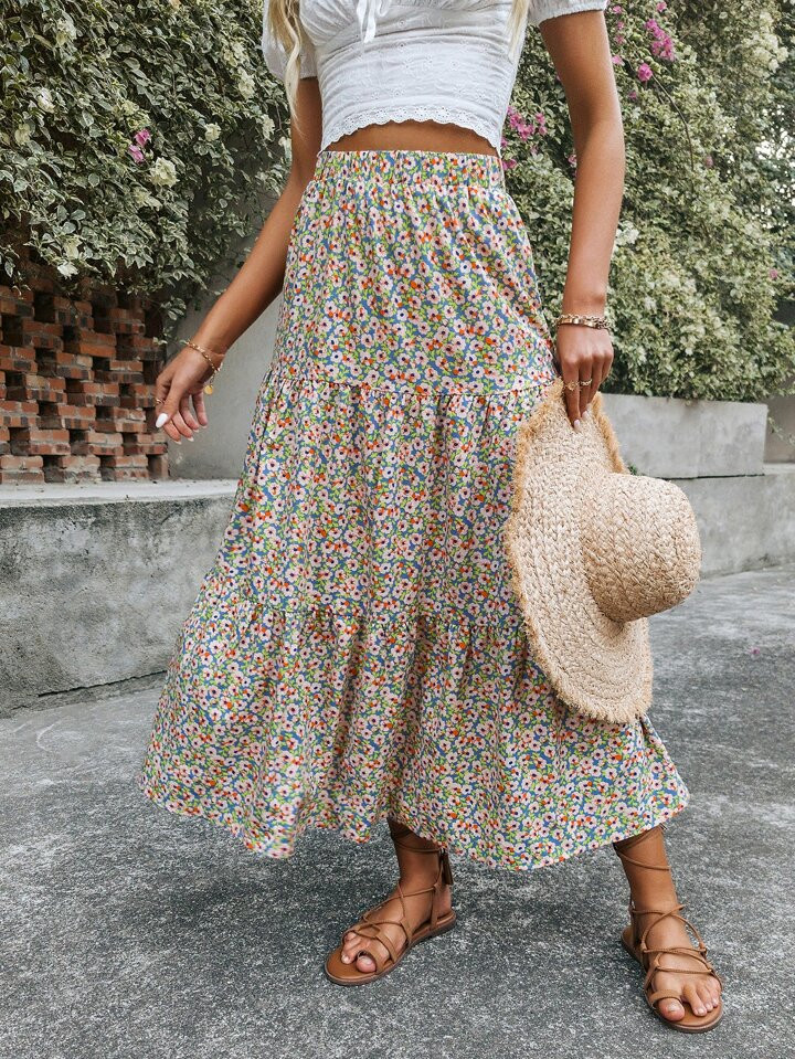 SHEIN VCAY Floral Print Ruffle Hem Skirt | SHEIN