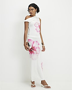 White Mesh Floral Print Maxi Skirt | River Island UK & IE
