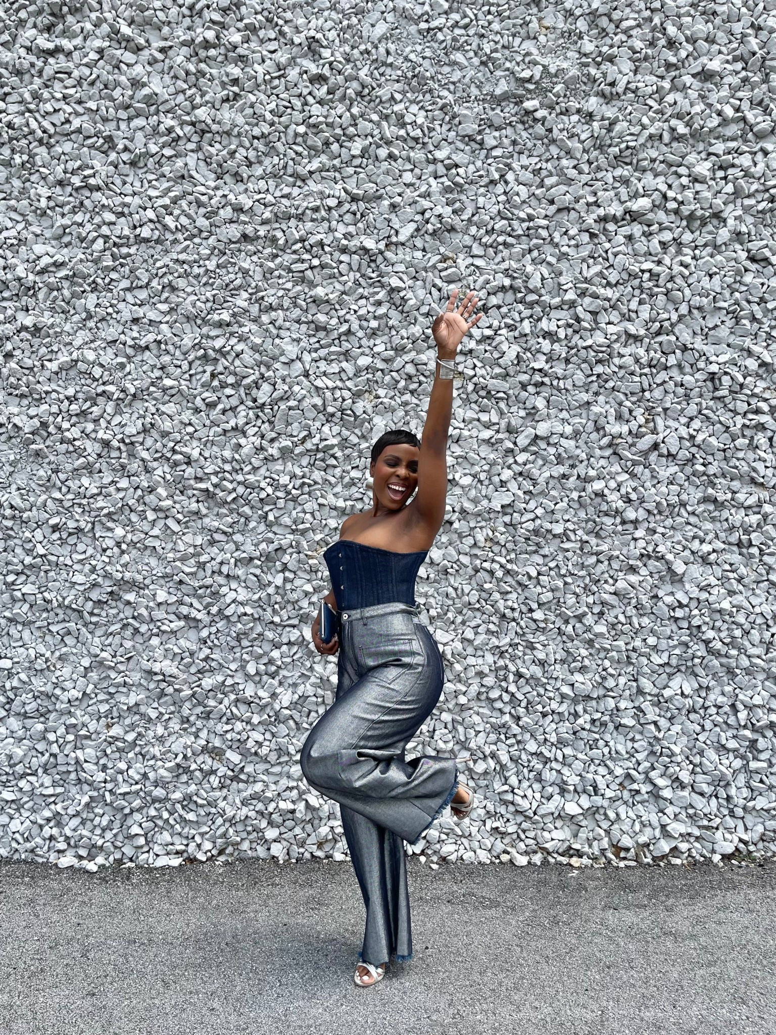 Dark blue denim, all denim outfit, jean outfit idea, denim corset, metallic pumps, pixie cut, marques Almeida, edgy outfit idea