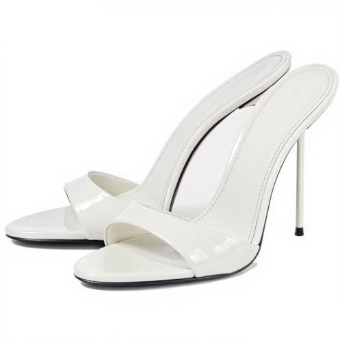 YIYA Women's White Open Round Toe Mules Heels Patent Leather Stiletto Kitten High Heels Slip On Slide Sandals Backless Party Wedding Dress Pumps | Amazon (US)